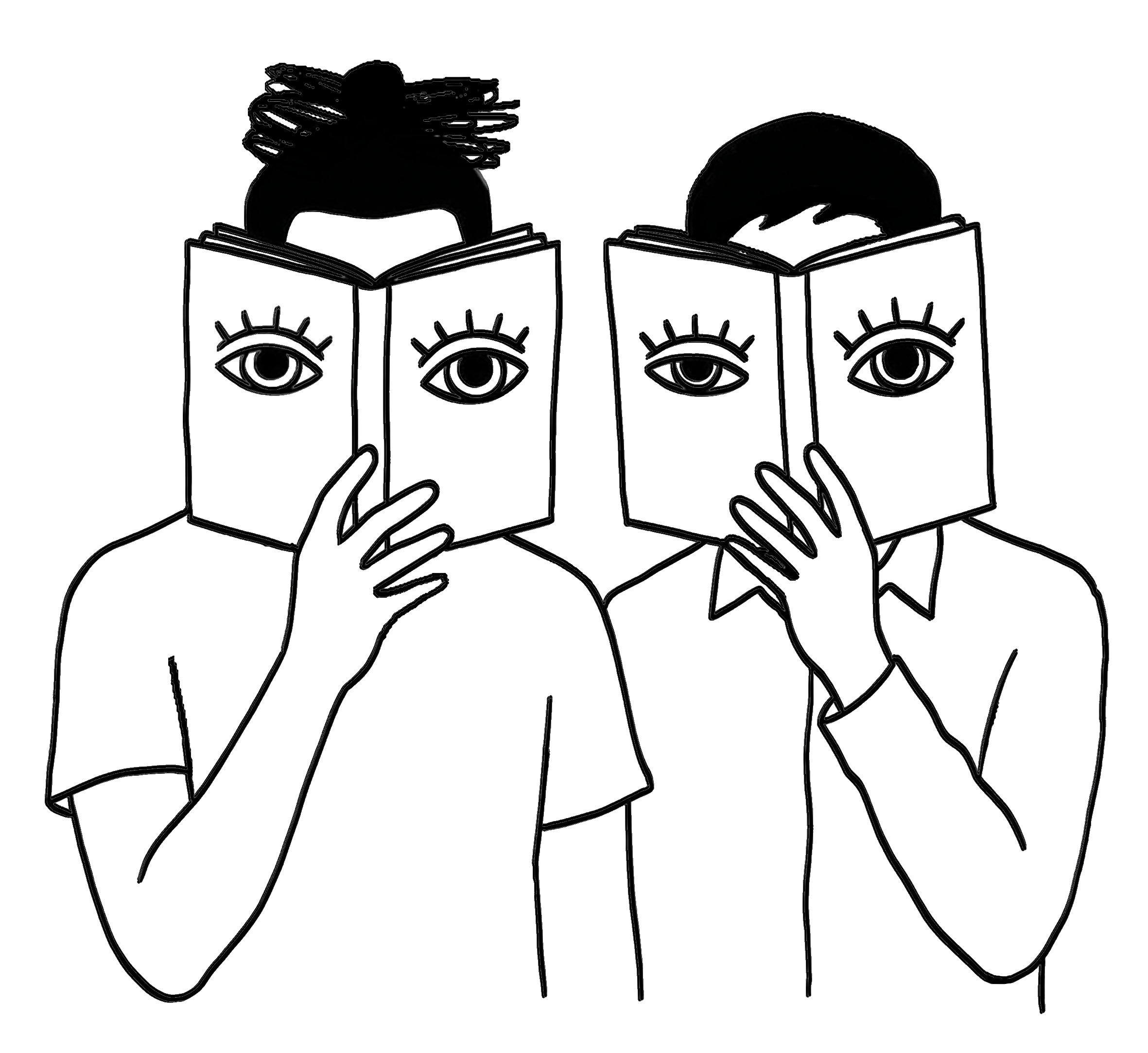 Line drawing of two readers holding open books over their faces, eyes drawn on the covers